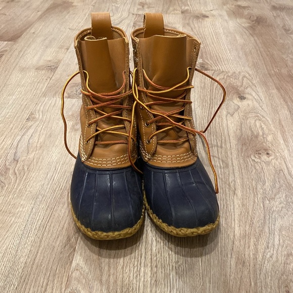 LL Bean Boots Tan Leather Navy Rubber Duck Boot Outdoors Size 7 Great Condition - Picture 3 of 8